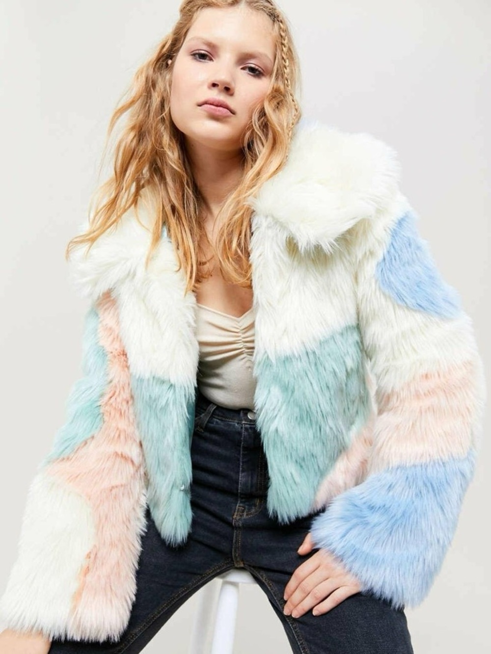 House of Sunny “Scandi Patchwork” Faux Fur Coat size S